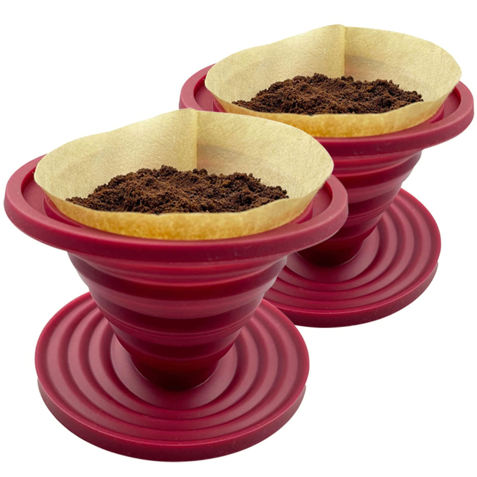 Photo 1 of 2 Pieces Attsky Collapsible Pour Over Coffee Dripper for Camp Coffee, Reusable Silicone Coffee Filter Holder for Camping Red