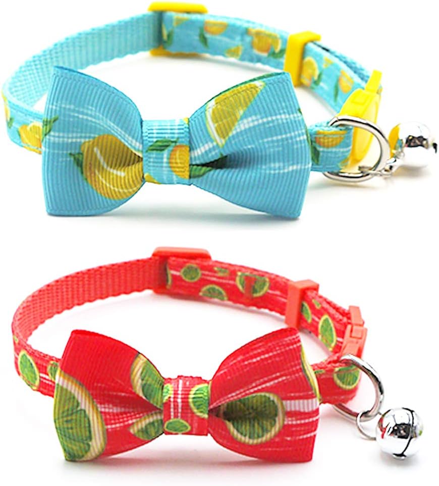 azuzaCat Collar with Bell, Adjustable Cat Collar with Bowtie Safety Breakaway Cat Collars 2 Pack, Lemon