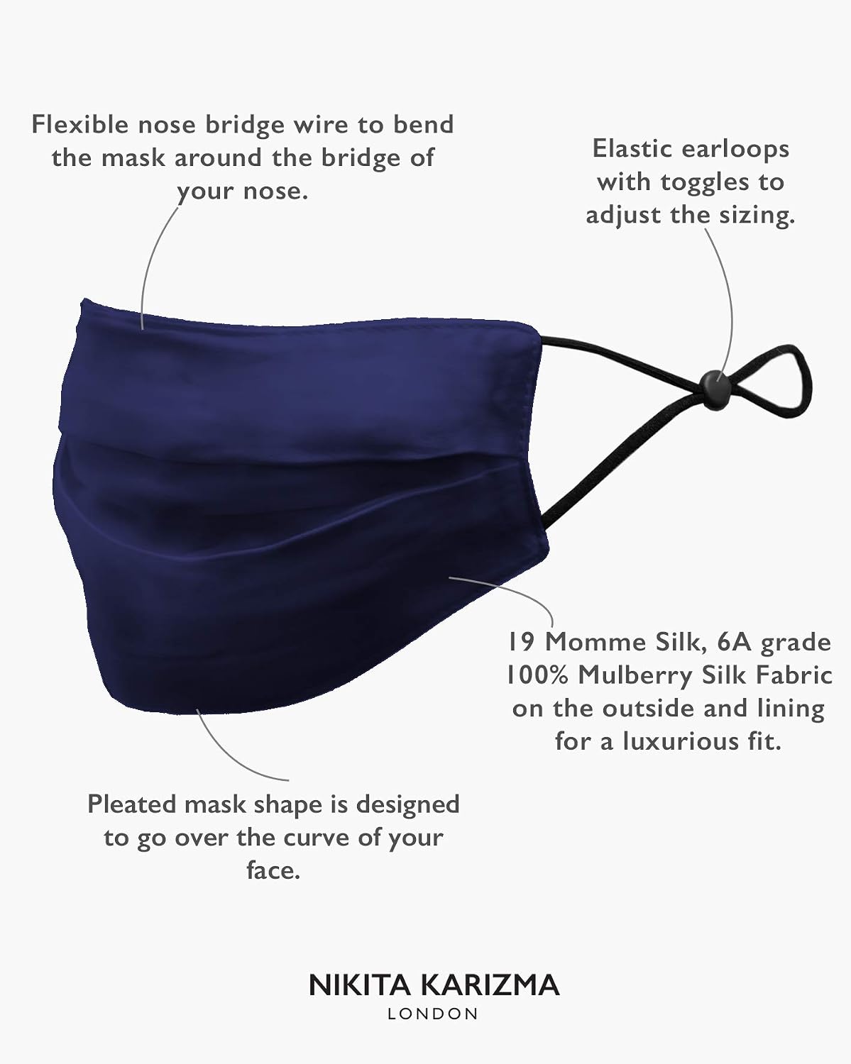 KARIZMA Beverly Hills Silk Face Mask. Navy Designer Face Mask for Women. Washable Fabric Reusable Facemask. 19 Momme Mulberry Silk Mask - Image 5