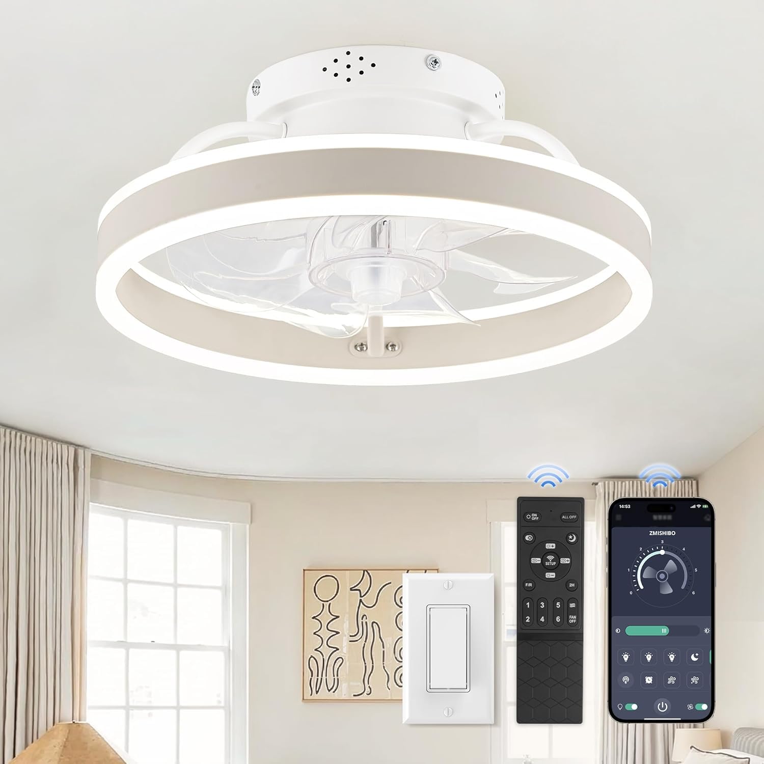 Photo 1 of **UNKNOWN MISSING PARTS**ZMISHIBO Low Profile Ceiling Fans with Lights and Remote, 13 Inch Fandelier Ceiling Fan with Light, White Modern Flush Mount Ceiling Fan, Small Dimmable LED Fan Lights for Bedroom