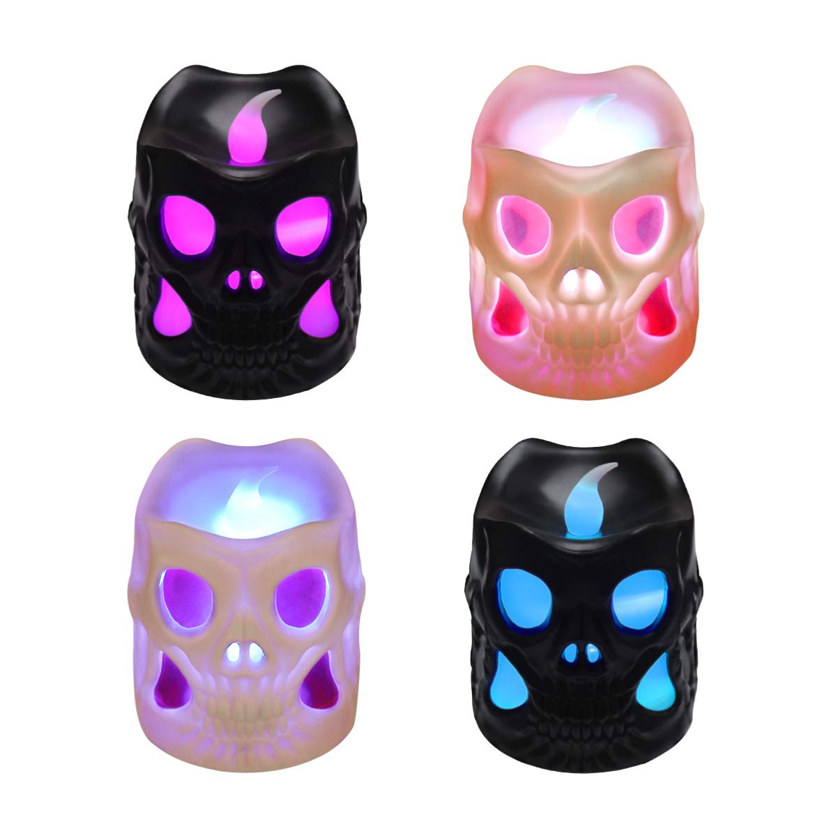OSALADI Halloween LED Candles 4pcs Skeleton Candle Lights Flickering Colorful Tea Lights Battery Operated Candle Lights for Party Festival Room Bar Hotel Decor