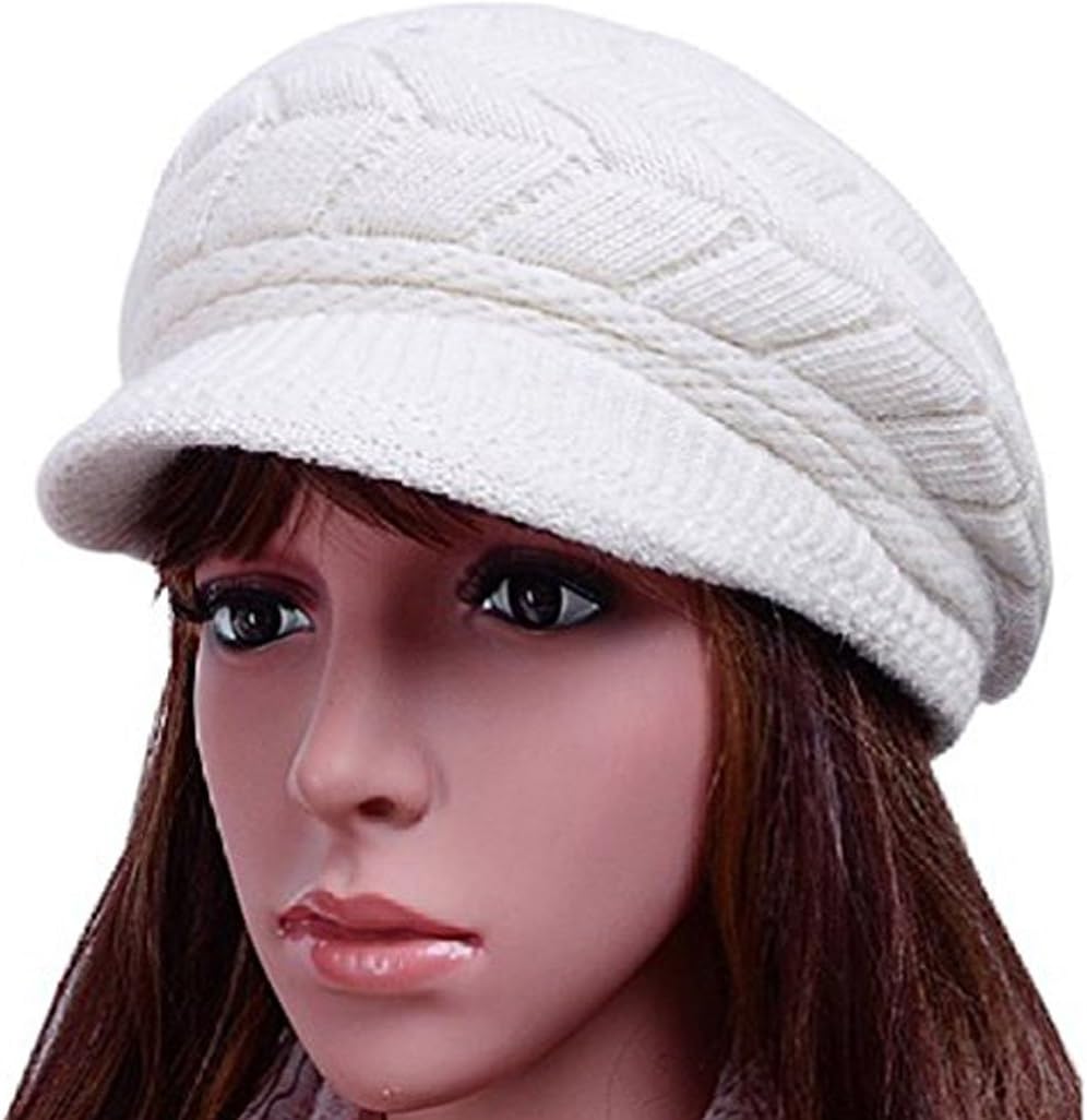 Women Lady Braided Warm Cabled Knit Winter Beanie Crochet Hats Newsboy Caps White