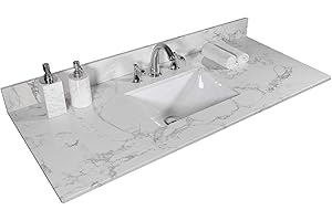 ZZP 49 Inch Marble Vanity Top with Undermounted Rectangular Ceramic Sink & Backsplash, White Carrara Engineered Stone Countertop for Bathroom Kitchen Cabinet 3 Faucet Hole (not Include Cabinet)