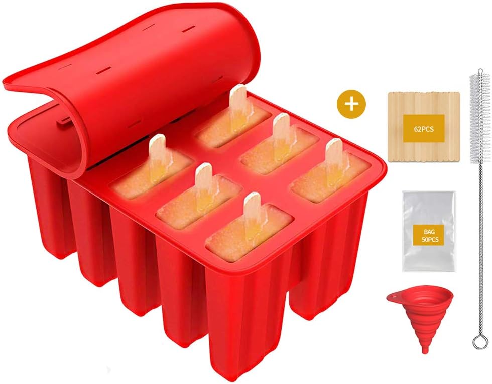 Frozen Popsicle Mold - 10 Cavities Food Grade Silicone Popsicle Molds + 62 Popsicle Sticks + 50 Popsicle Bags + Silicone Funnel + Cleaning Brush - BPA Free (Red)