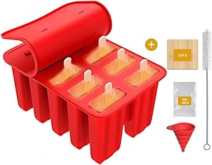 Frozen Popsicle Mold - 10 Cavities Food Grade Silicone Popsicle Molds + 62 Popsicle Sticks + 50 Popsicle Bags + Silicone Funnel + Cleaning Brush - BPA Free (Red)