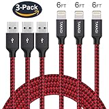 iPhone Charger, TAKAGI 3PACK 6Feet Extra Long Nylon Braided Lightning to USB Cable Charging Cord for iPhone X/ 8 plus/ 8 /7 plus/ 7/ 6 plus/ 6s/5/ 5s/ SE /iPad and iPod(Black Red)