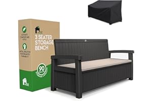 EconoHome 3 Seat Outdoor Storage Bench with Rain Cover - 90 Gallon Capacity - Weatherproof Resin Bench for Patio, Porch, Garden, Yard, Pool Area - Furniture for Pool Accessories, Gardening Tools