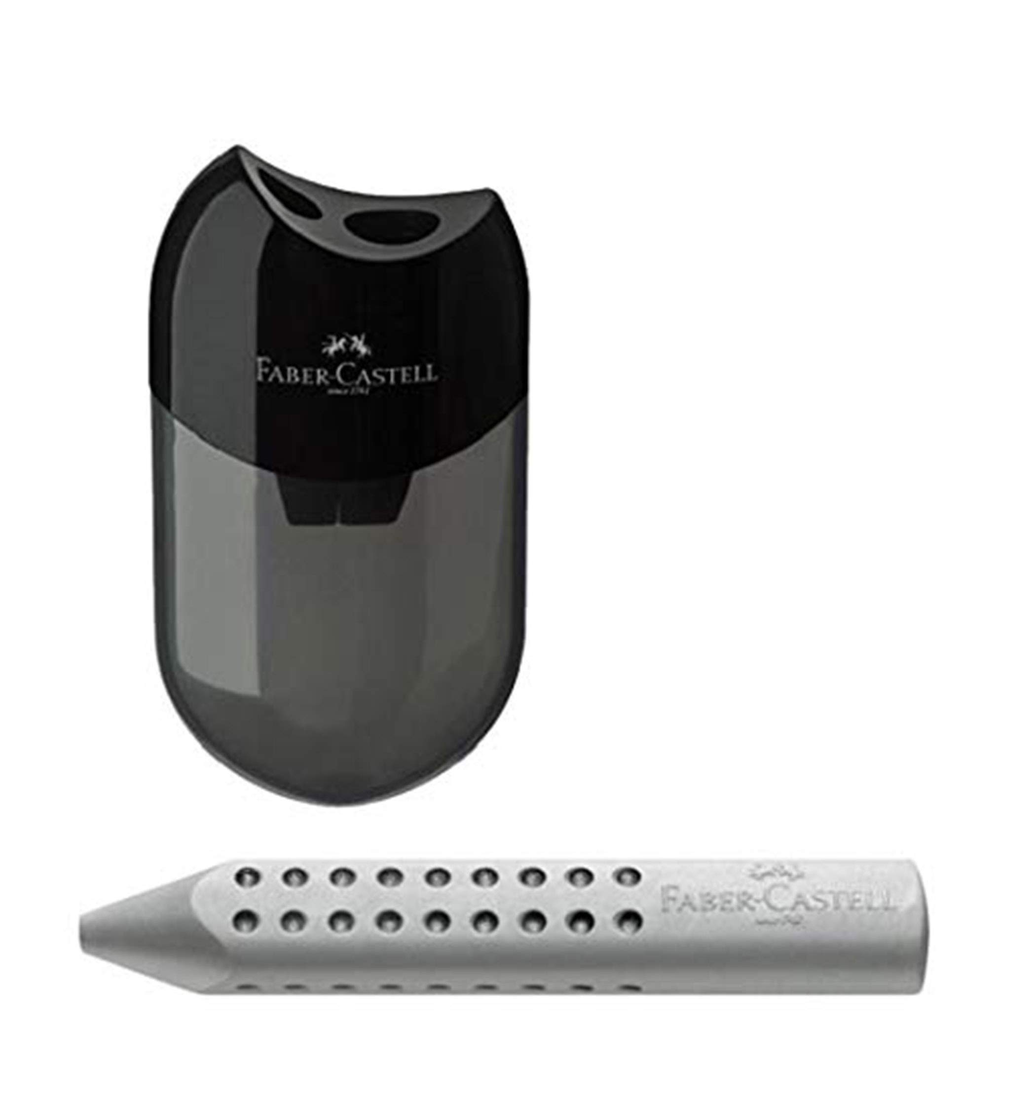 Faber-Castell 183500 double sharpener, housing colour: black/transparent (1 sharpener + grey triangular eraser)