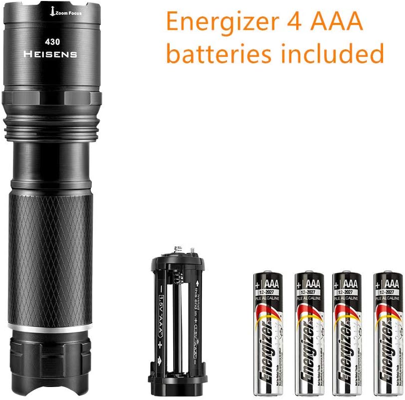 Heisens High Power Durable LED Flashlight 430 Lumens IPX4 Water Resistant 3 Modes Zoomable Best Camping Outdoor Emergency Everyday Flashlights - - 