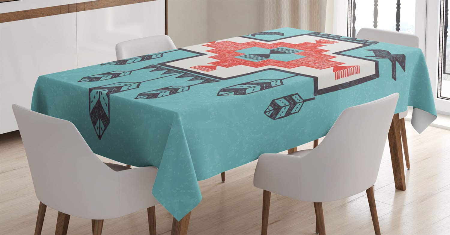 ABAKUHAUS Tribal Tablecloth, Hand Drawn Dreamcathcher Folkloric Birds Image, Dining Room Kitchen Table Cover, 54" x 94", Turquoise Red