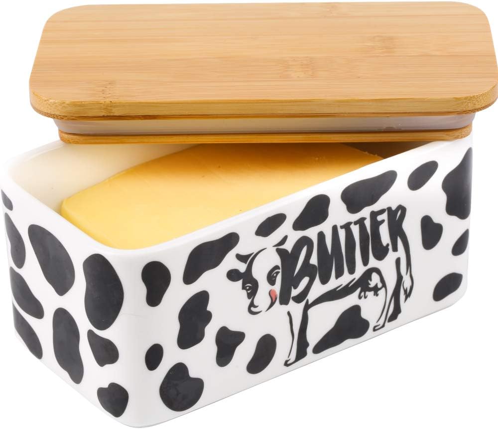Lumicook Butter Dish with Lid, Farmhouse Cow Butter Dish, Covered Butter Holder, Two Sticks of Butter, Large Covered Tray with Bamboo Lid (Black)