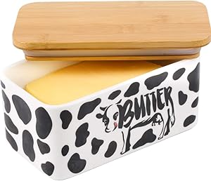 Lumicook Butter Dish with Lid, Farmhouse Cow Butter Dish, Covered Butter Holder, Two Sticks of Butter, Large Covered Tray with Bamboo Lid (Black)