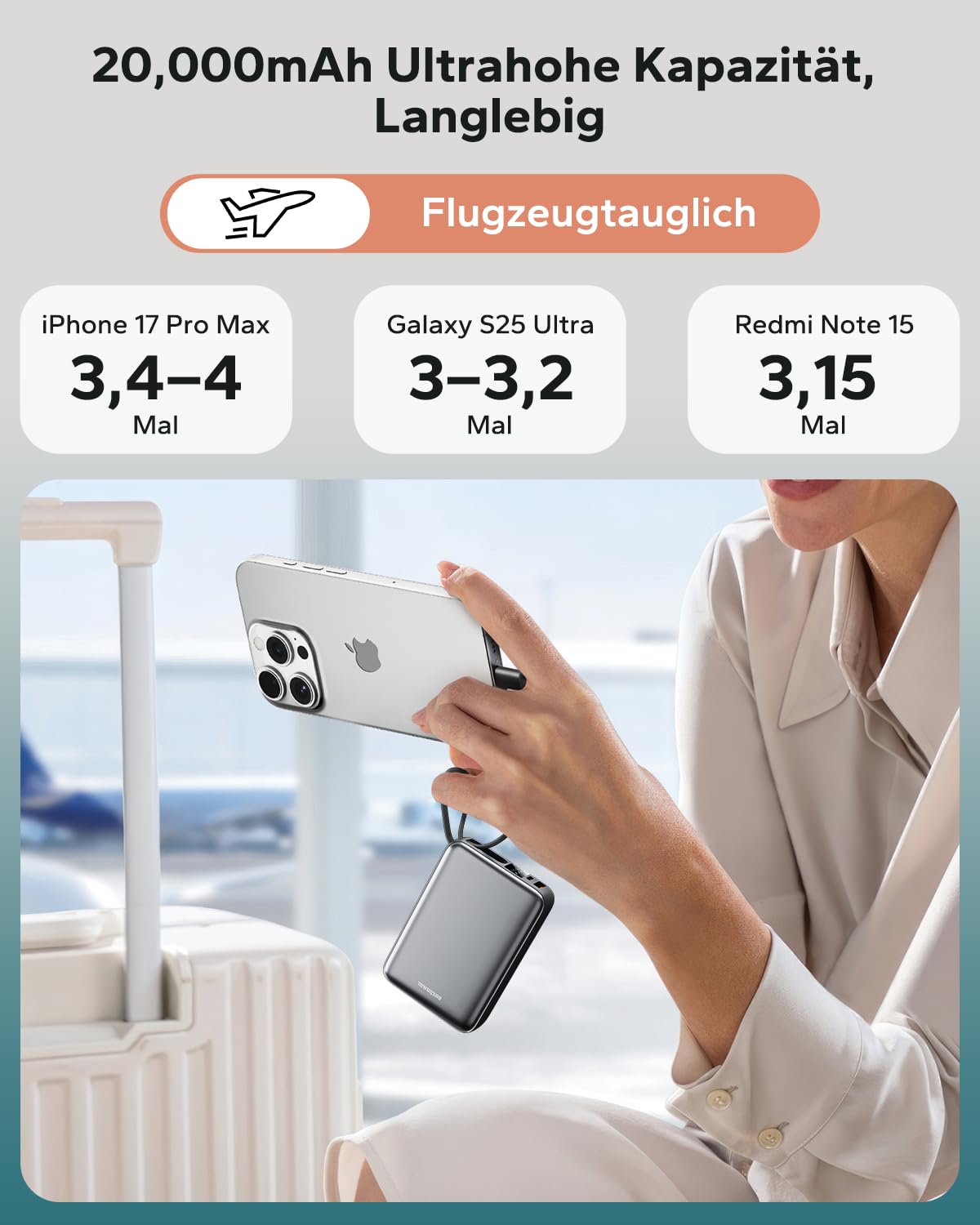 Eazpower Powerbank 45W Schnellladefunktion 20,000mAh mit USB-C Kabel integriert, Externe Handyakkus Leicht Klein Aber Stark für iPhone 17/16 /15 Pro, Samsung S25 Ultra, Xiaomi - Raummetallsilber 3