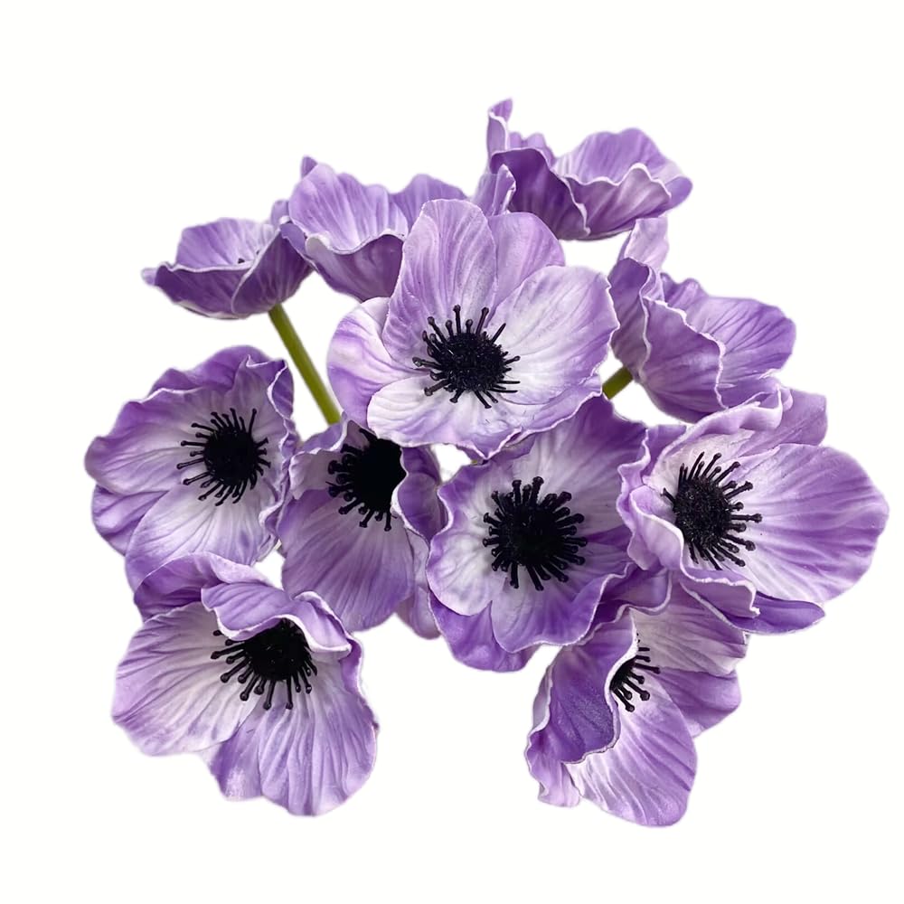Rikyo 10 Stem 11" Bouquets Artificial Flowers Poppy Flowers,Faux Anemone PU Fake Wild Flowers for Kitchen Table Centerpiece Vase,Home Wedding Holding Flowers Backdrop Arch Wall(Purple)