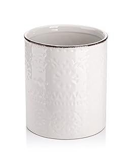 LIFVER Fine Embossed Ceramic Crock Utensil Holder, 7.2" x 6.2", White