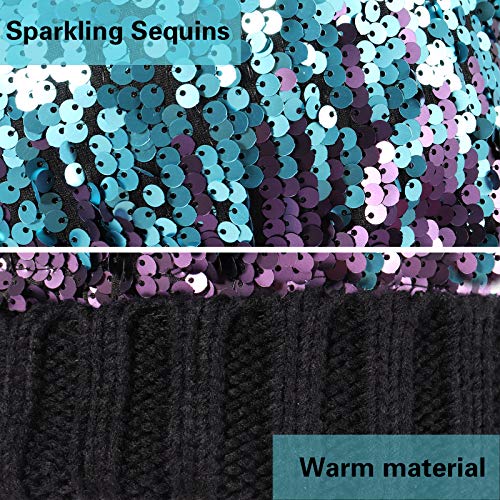 Homiton Women Sequin Knitted Beanie Hat with Faux Fur Pom-Pom Shiny Bling Skull Cap (Black)