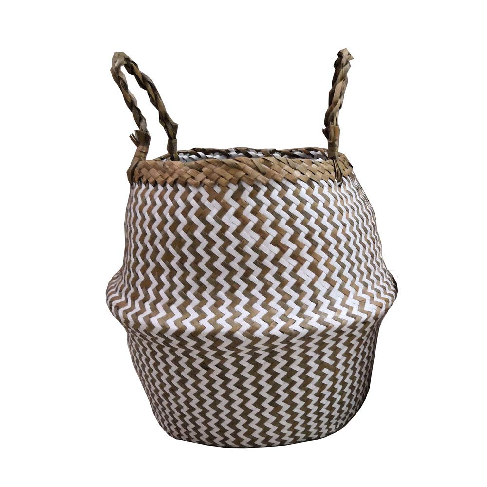 Natural Seagrass Basket - GOODCHANCEUK Seagrass Belly Basket Hand Woven Storage Basket With Handle Toys Laundry Basket Flower Planter White Wave Style#2 32CMx28CM