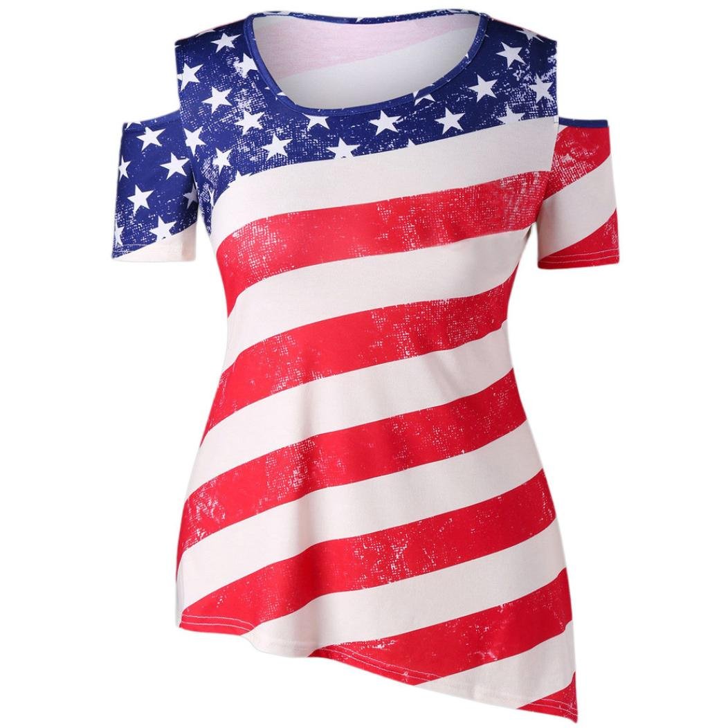 VJGOAL Flag Printed Shoulder Strap Womens Tops Women Casual Cold Shoulder Patriotic American