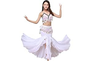 ORIDOOR Women's Belly Dance Dress Belly Crop Top Bra Top and Belt Chiffon Dancing Split Skirt Costume 3-Piece Outfit