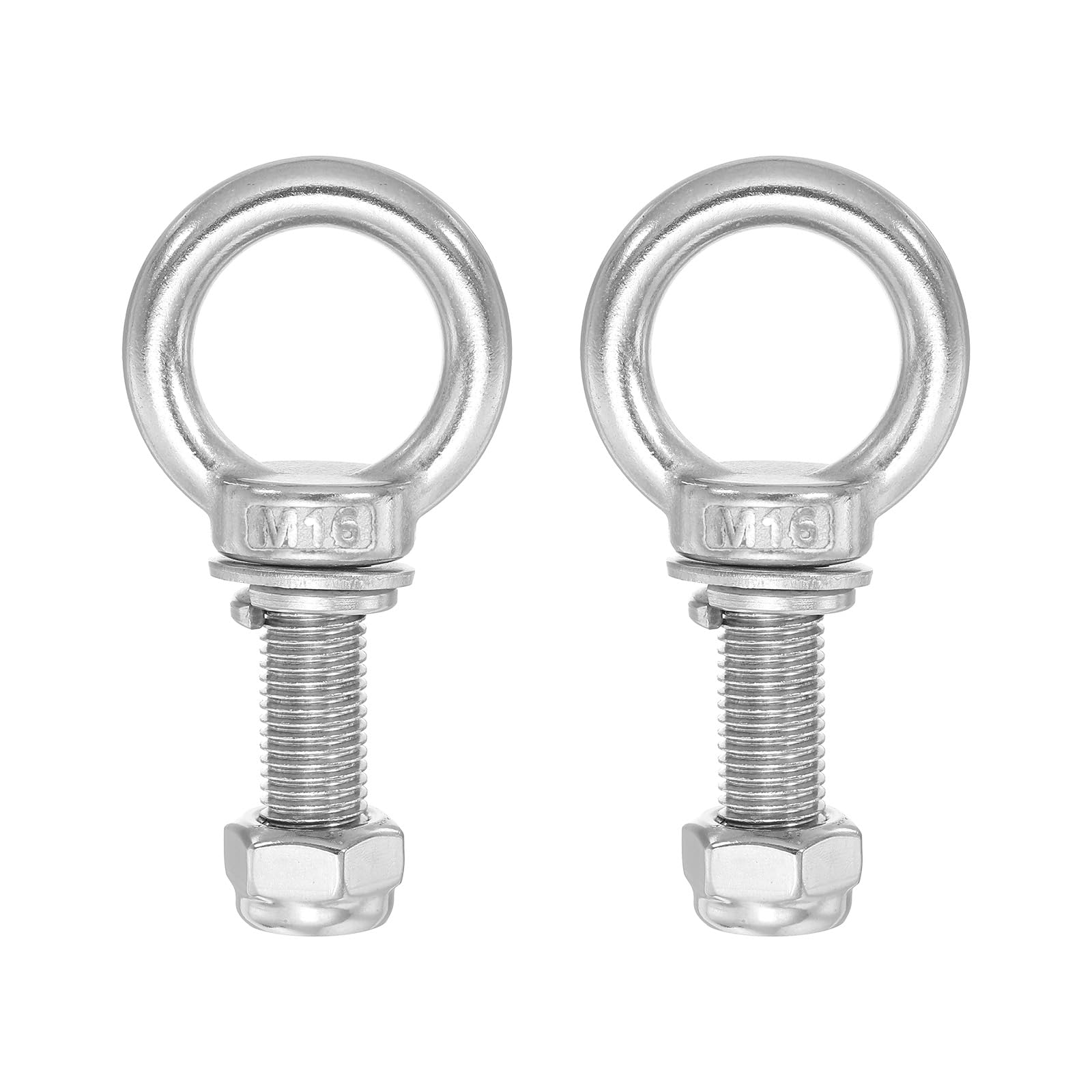 PATIKIL Lifting Shoulder Eye Bolts, M16x50 304 Stainless Steel Male Thread with Hex Screw Nut Gasket Flat Washer for Hanging Securing Chain Wire Rope, 2 Sets