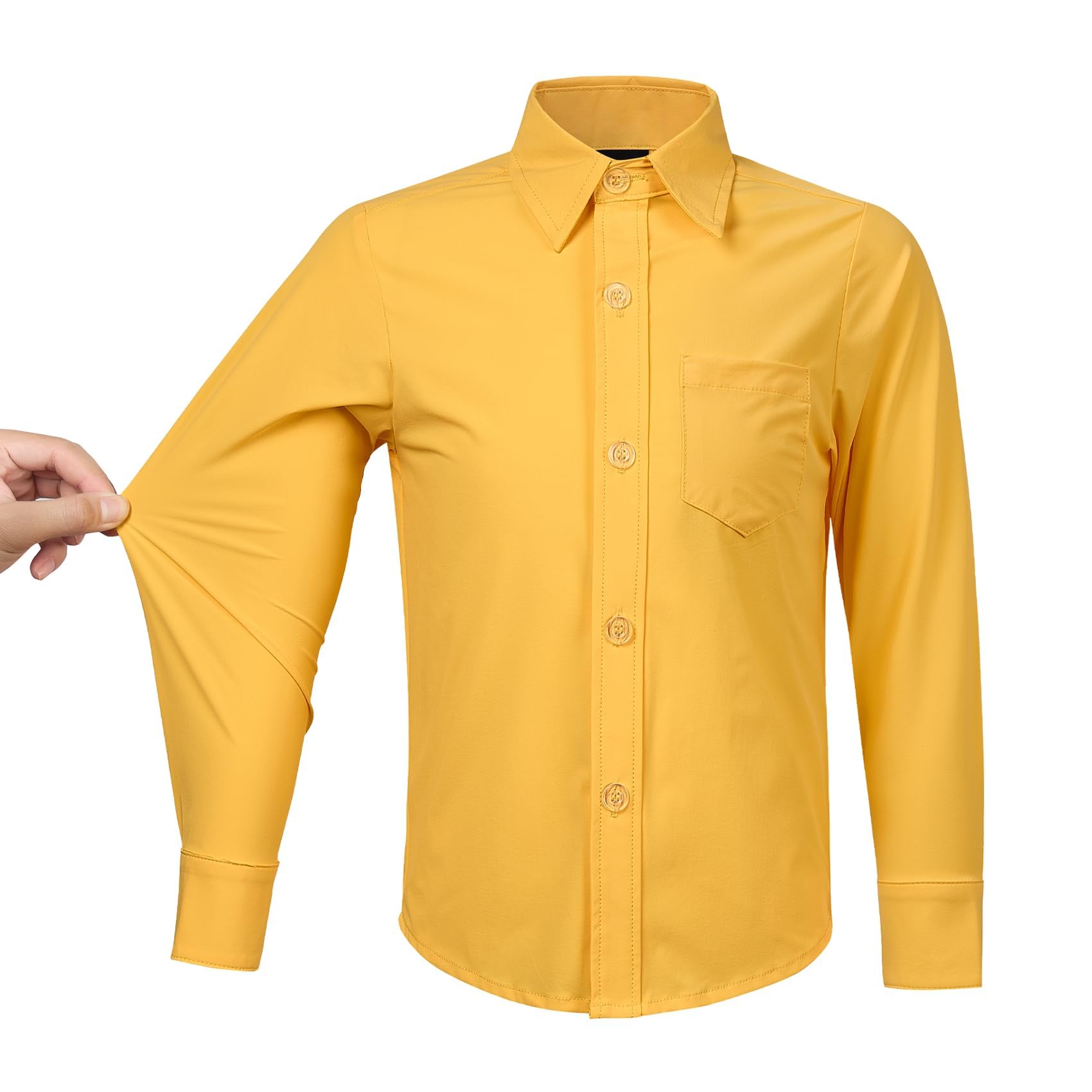 Photo 1 of ** USED** Boys' Stretch Long Sleeve Button Down Toddler Dress Shirt Wrinkle Free Oxford Uniform Shirt with Chest Pocket Yellow 10Y