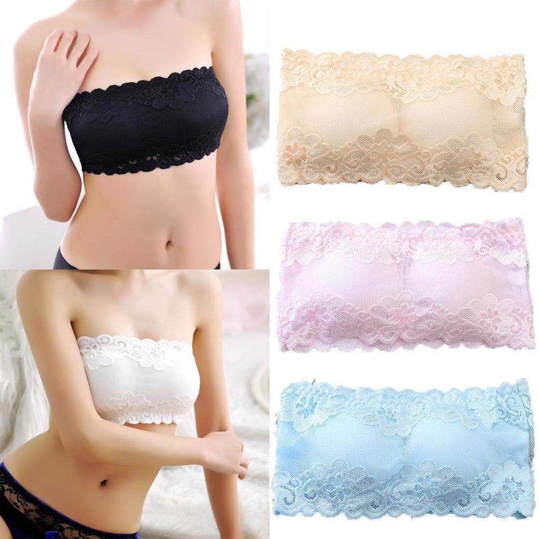 xabern Sexy Underwear Bra,Women Lace Seamless Tube Top Bra Breathable Strapless Bandeau Bra Underwear Everyday Bras Beige