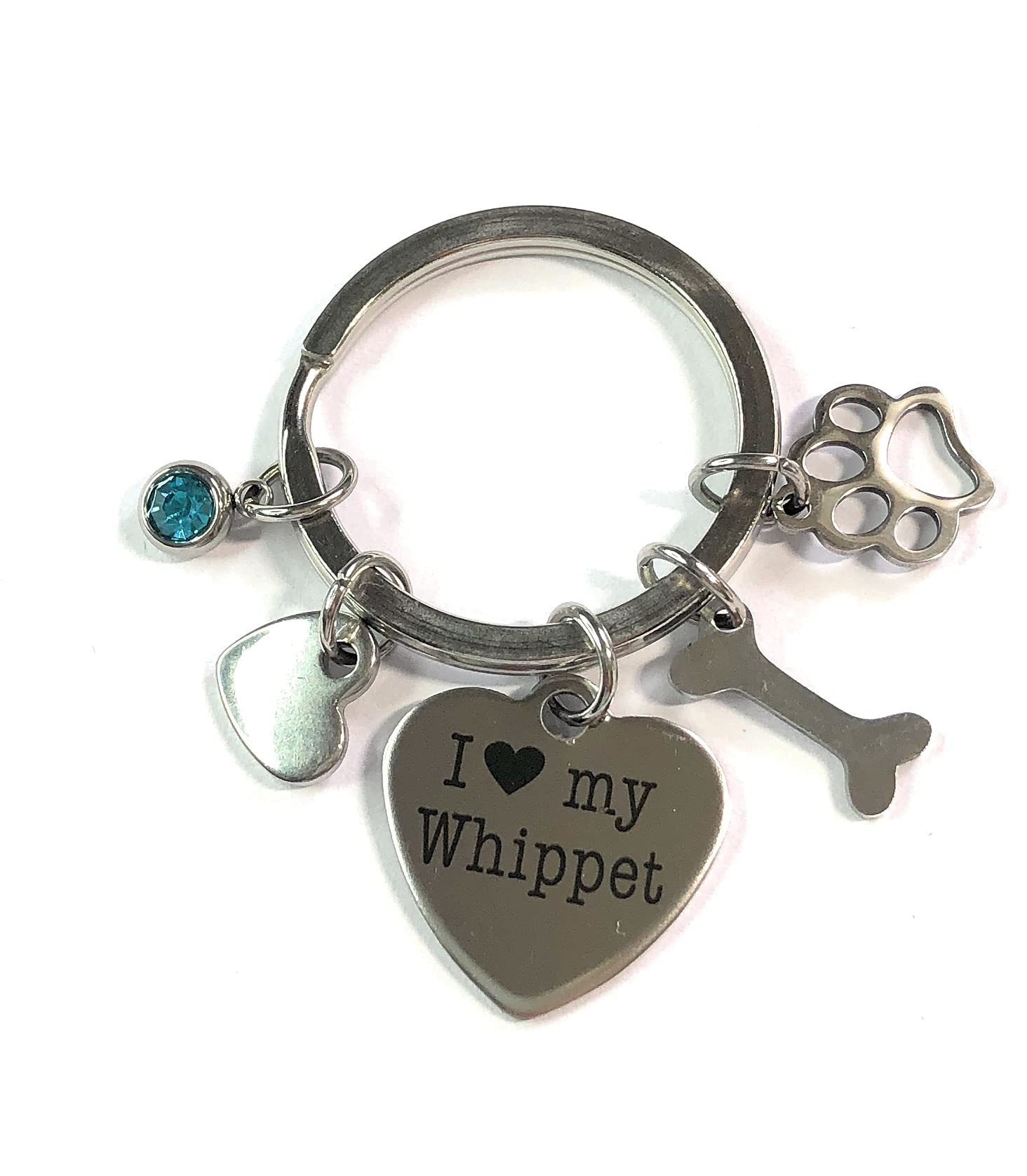 FizzyButton Gifts I Love My Whippet Puppy Dog Keyring Key Ring with Turquoise Rhinestone and Stainless Steel Bone, Paw and Heart Charms