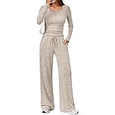 Trendy Queen Women's 2 Piece Matching Lounge Sets Fall Fashion Outfits Henley Neck Sweater Top Wide Leg Pants Sweat Suits