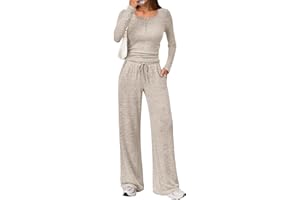 Trendy Queen Women's 2 Piece Matching Lounge Sets Fall Fashion Outfits Henley Neck Sweater Top Wide Leg Pants Sweat Suits