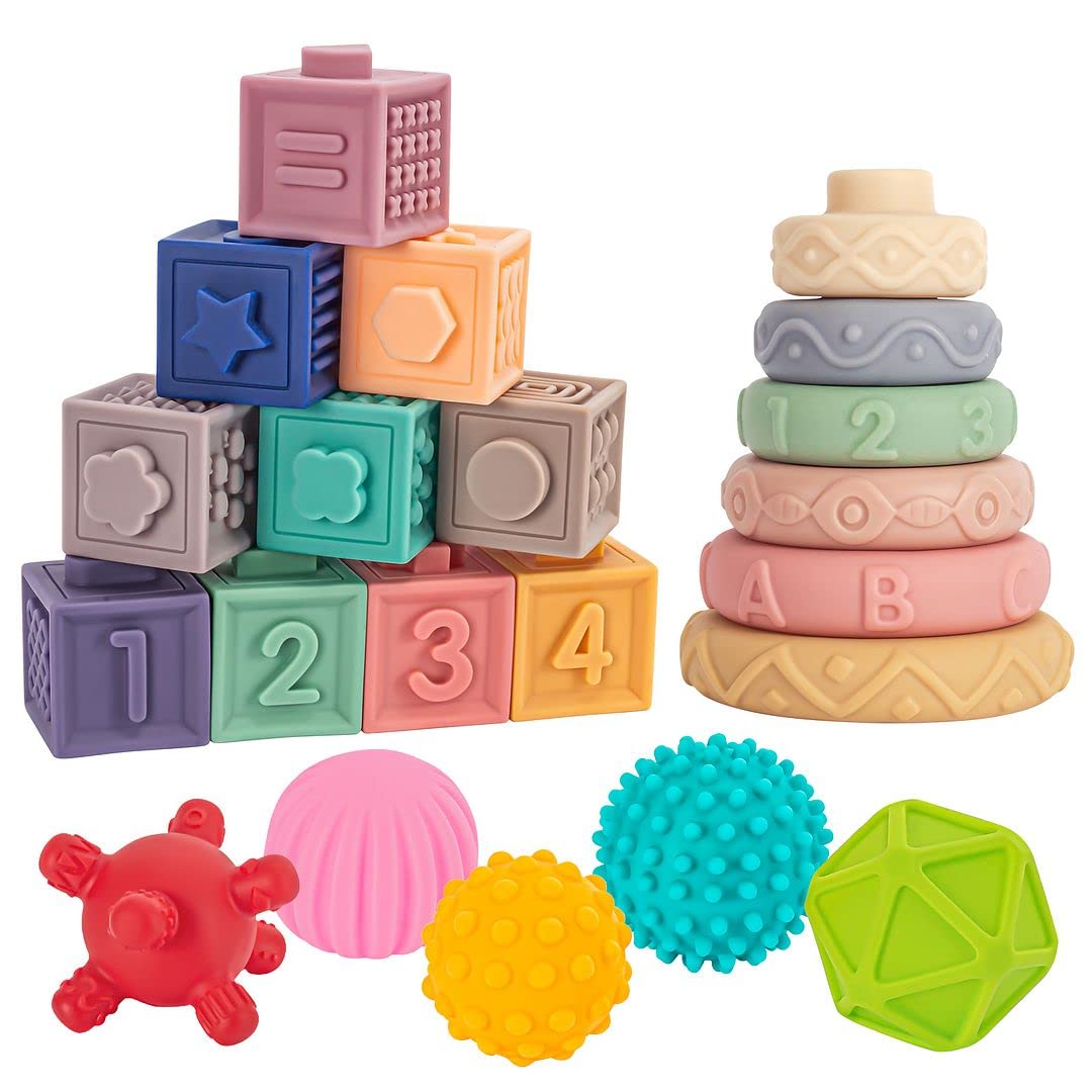 SpringFlower 3 in 1 Montessori Toys for Babies 0-3-6-12 Months, Soft Baby Teething, Stacking Building Blocks for Infants, Sensory Developmental Education Toys for Toddler Baby 12-18 Months,23 PCS