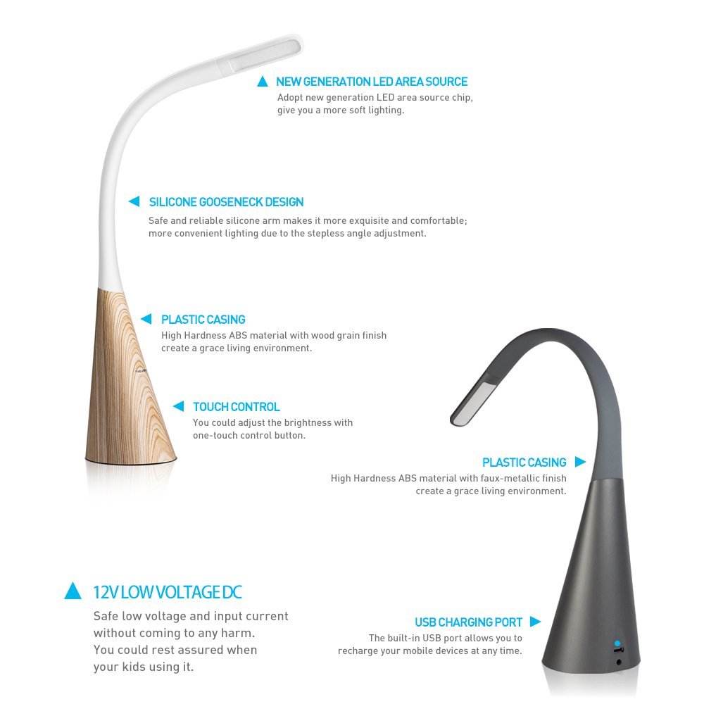 LED Desk Lamp with Touch Control, 3 Levels Dimmable Desk Light with USB Charging Port, Gooseneck Eye-care Reading Lamp, Craft Lamp for Study, Office, Bedroom (wooden)