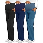 Sweetyweee 3 Pack Women's Maternity Scrub Pants 6 Pockets Cargo Pants Stretchy Comfy Workwear Straight Leg Pregnancy Pants