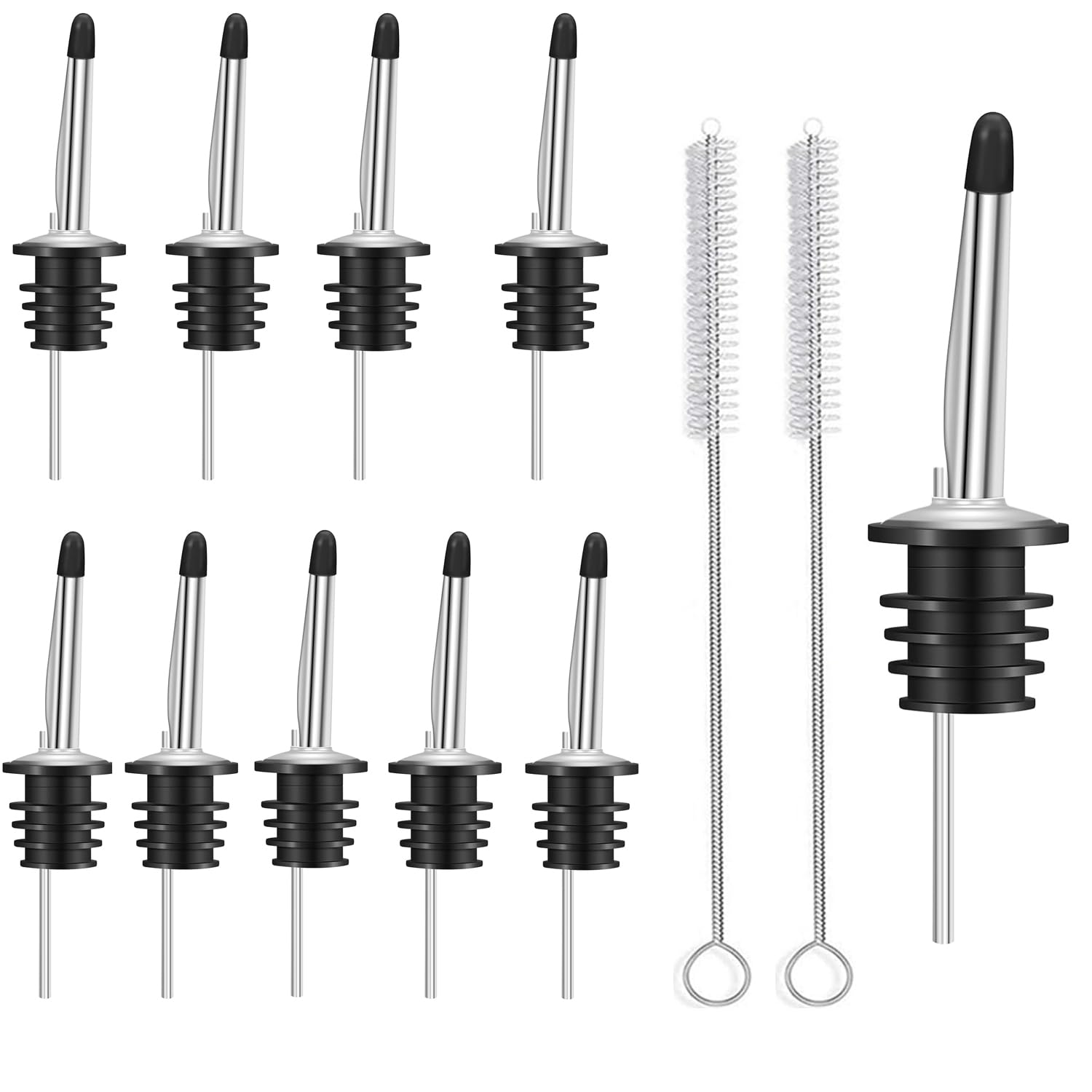 Liquor Pour Spouts,Ompinda 10 Pcs Classic 304 Stainless Steel Speed Wine Bottle Pourers with Rubber Dust Caps Bar Accessories(Include 2 Pcs Bruches） (250, Grams)