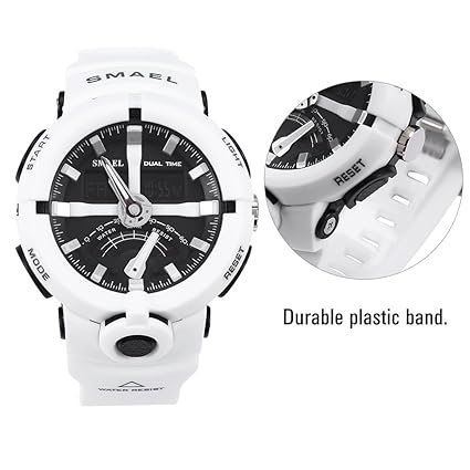 Dilwe Round Waterproof Digital Sports Battery Quartz Dual Display Alarm Back Light Watch (White Band)
