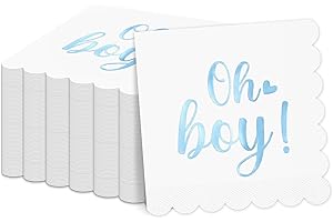 PARTY GREETING 50Pcs Boy Baby Shower Napkins Blue Scalloped Guest Towel Blue Foil Disposable Hand Napkins for Baby Shower Welcome Party Decorations Supplies Gender Reveal Luncheon Beverage Table Decor 5 x 5 Inch