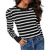 UNCLECAT Women's Striped Sweater Trendy Lightweight Sweaters Puff Long Sleeve Tops Casual Knit Pullover Shirts