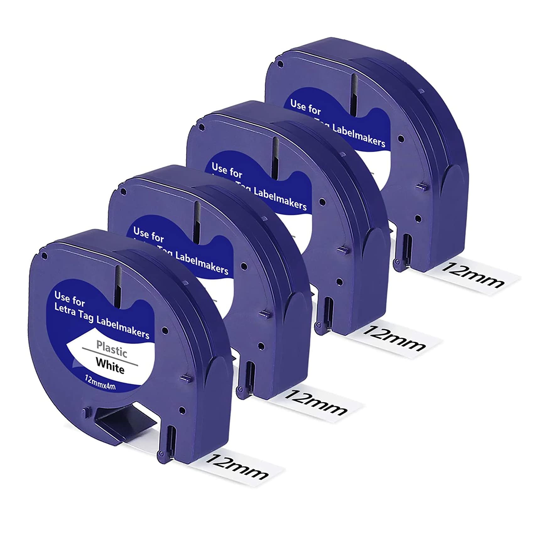 91201 Label Tape Compatible with Dymo Letratag Tape Plastic 12mm x 4m for Dymo Label Maker Letratag LT110T LT-100T LT-100H Label Printers Black On White ，4Pack