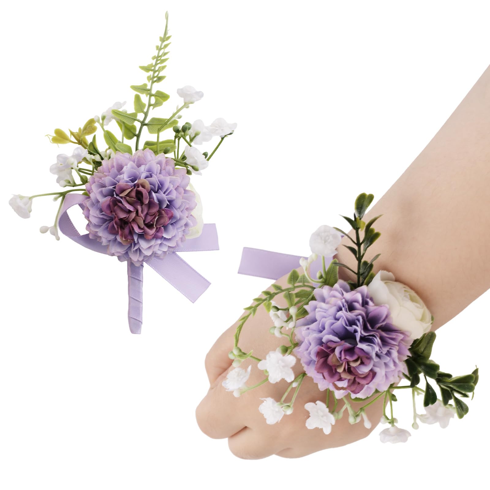 URROMA Wrist Corsage and Boutonniere Set, Artificial Light Purple Chrysanthemum Hand Flower for Prom Wedding Wrist Corsage Wrist Flower for Graduation Party
