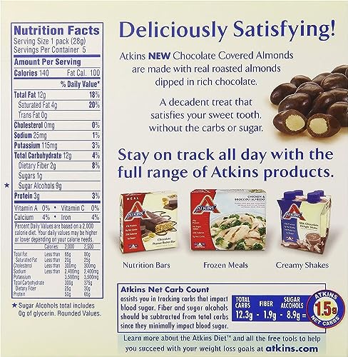 ATKINS ENDULGE TREAT CHOCOLATE COVERED ALMONDS. RICH & CRUNCHY. KETO-FRIENDLY.1 OZ, 5 COUNT (PACK OF 4)