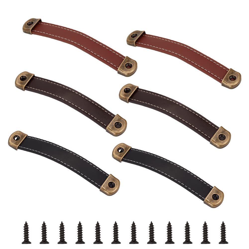 GORGECRAFT 6 Sets 3 Colors Leather Door Handle Drawer Pulls Metal Hardware Cabinet Wooden Box Suitcase Luggage Pulls Grip Replacement Cabinet Pull Strap with Alloy Buckles & Screws for Trunk Case Home