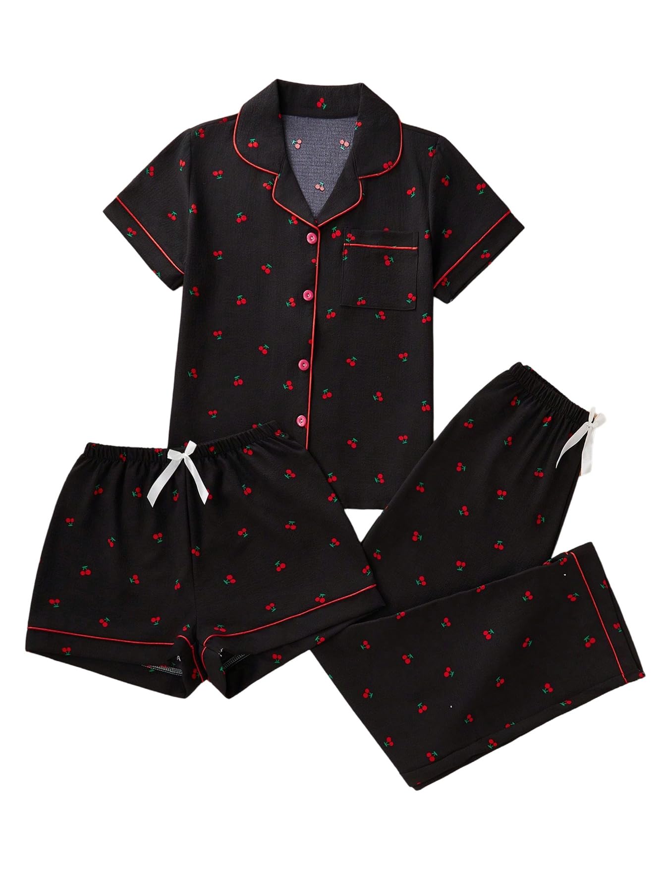 Photo 1 of Verdusa Women's 3 Piece Cute Pajama Set Bow Button Down Shirts and Shorts Pants Lounge Pjs Set Black Large