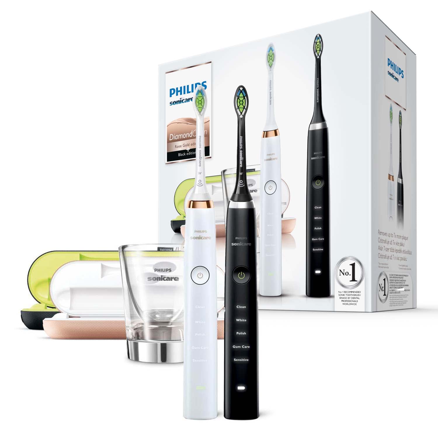 Philips Sonicare DiamondClean Electric Toothbrush Dual Handle Pack, with USB Charging Travel Case & Charging Glass- Black & Rose Gold (UK 2-Pin Bathroom Plug) - HX9392/39