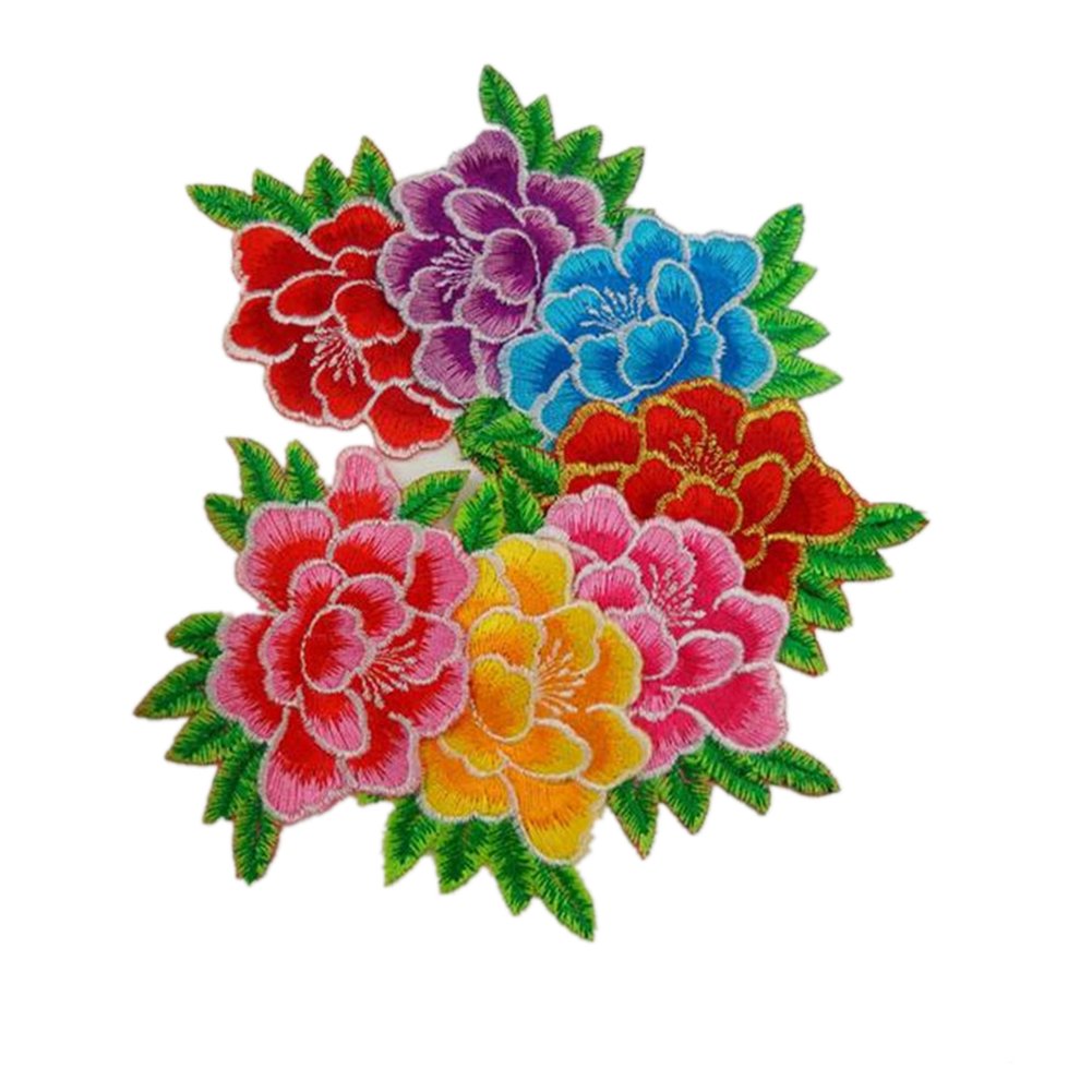 6pcs Flower Iron on Patches Peony with White Trimming Decorative Embroidered Fabric Applique for Jewellery Making Outfit Bag Garment Embellishment(Multi)