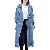 QZUnique Women Long Denim Jacket With Belt Jean Long Sleeve Trench Coat Button Down Casual Oversized Spring Tunic Outerwear