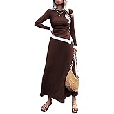 Mieazom 2 Piece Skirt Sets for Women 2024 Trendy Ribbed Knit Long Sleeve Crop Top Pleated Midi Flowy Skirts Matching Sets