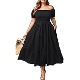 Pinup Fashion Plus Size Summer Dresses Black Off Shoulder Casual Smocked Flowy Spring Wedding Guest Graduation Long Dress with Pockets