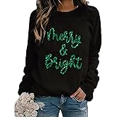 Christmas Sweatshirts Women Merry and Bright Christmas Crewneck Shirts Xmas Holiday Glitter Long Sleeve Pullover Top