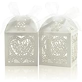 COTOPHER Laser Cut Boxes, 100pcs Thank You Gift Boxes Wedding Party Favor Boxes Lace Candy Boxes for Wedding Bridal Shower Baby Shower Birthday Party Decorations with Ribbons (2x2x2.75inch, White, 100)