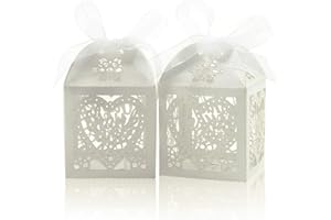 COTOPHER Laser Cut Boxes, 100pcs Thank You Gift Boxes Wedding Party Favor Boxes Lace Candy Boxes for Wedding Bridal Shower Baby Shower Birthday Party Decorations with Ribbons (2x2x3inch, White, 100)
