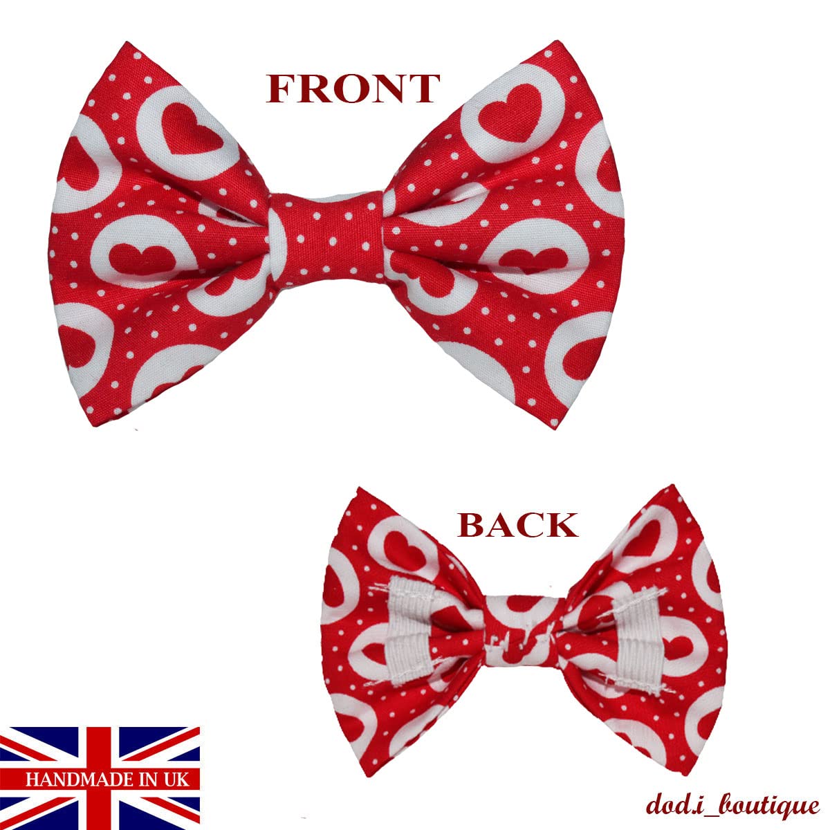 New Dogs Bow Tie Bowtie Christmas Valentine's Day Valentine Love Hearts RED Elastic Band attach COLLAR ACCESSORY Handmade UK (Large)